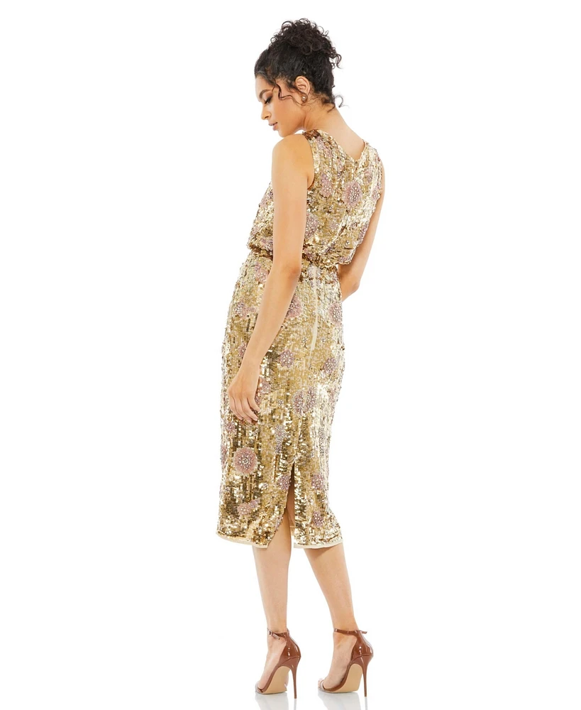 Mac Duggal Women's Hand Beaded High Neck Midi Dress