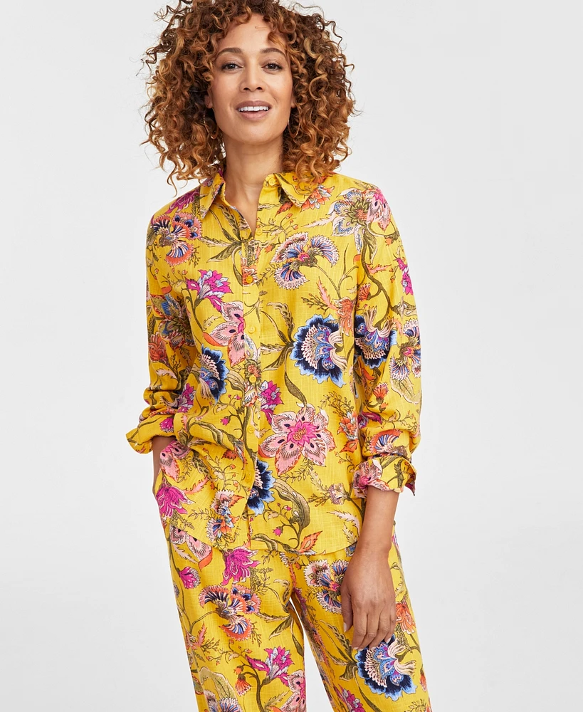 Jm Collection Women's Linen-Blend Printed Shirt, Exclusively at Macy's