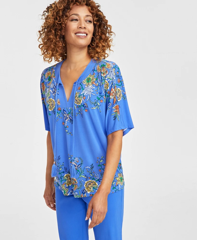 Jm Collection Petite Mirella Dreams Floral Tassel-Tie Top, Exclusively at Macy's