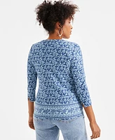 Style & Co Petite Classic Fleur Cotton 3/4-Sleeve Top, Exclusively at Macy's