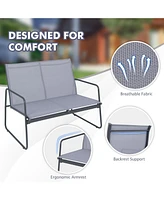 Sugift 4 Pieces of Metal Patio Furniture Chat Set with Tempered Glass Coffee Table