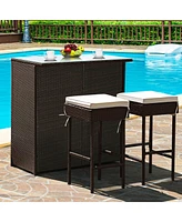 Sugift 3-piece Rattan Wicker Bar Table Stools Dining Set Cushioned Chairs