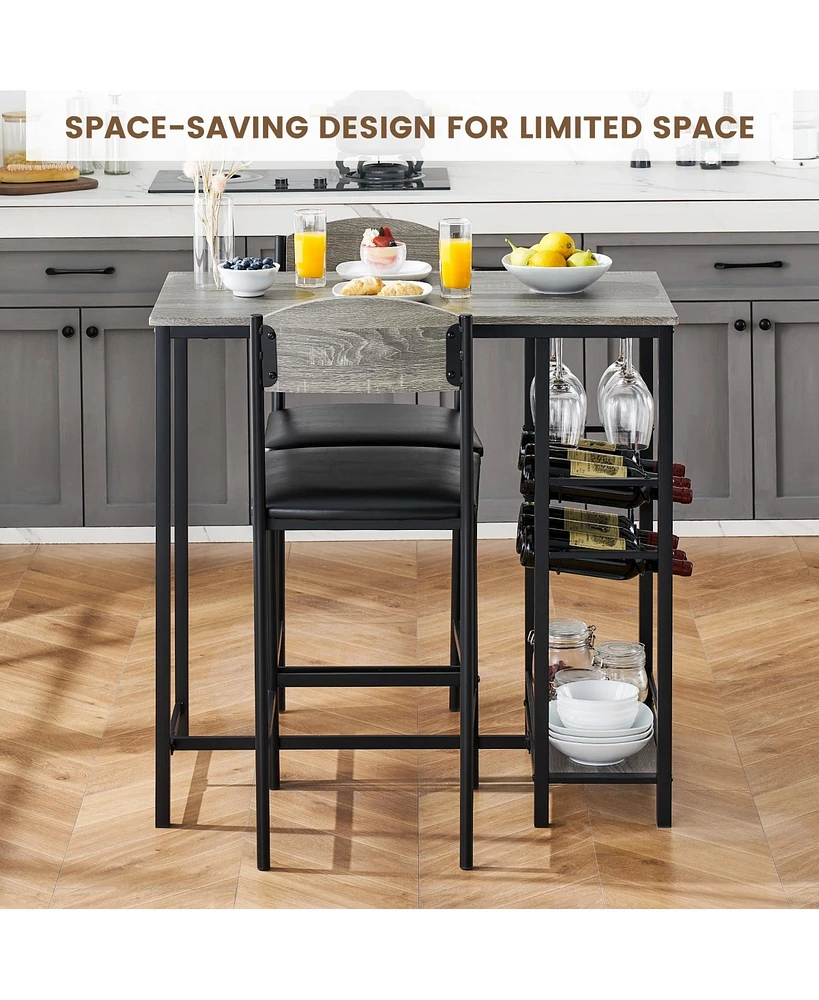 gaomon Bar Table Set for 2 with Footrest, Kitchen Dining Table with 2 Upholstered Chairs,Grey