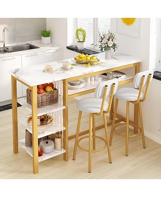 gaomon Bar Table and Stools for 2 with 3 Storage Shelves, Modern White Faux Marble Table with 2 Pu Cushion Bar Stools