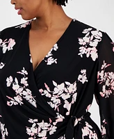 Anne Klein Plus Floral-Print Smocked-Cuff Wrap Top