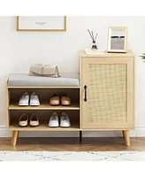 gaomon Natural Rattan Shoe Storage Bench with Upholstered,2-in-1 Shoe Cabinets with Adjustable Shelf