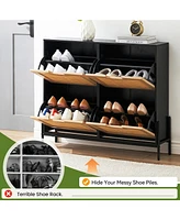 gaomon Natural Rattan 4 Flip Door Shoe Cabinet Organizer Freestanding, Modern Shoe Rack Storage Organizer with 3-Tier Adjustable Shelves for Entryway,