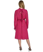 Halston Women's Dot-Print Belted Keyhole Midi Dress