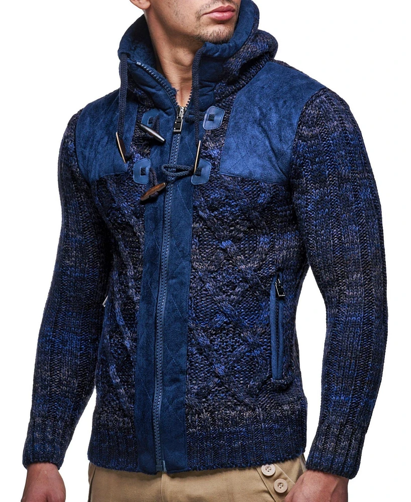 Leif Nelson Men's Knit Zip-up Jacket With Geometric Patterns and Leather Accents