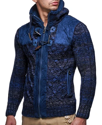 Leif Nelson Men's Knit Zip-up Jacket With Geometric Patterns and Leather Accents