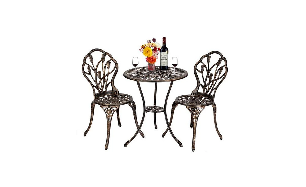 Slickblue European Style Bronze Cast Aluminum 3-Piece Tulip Bistro Set with Table and Chairs for Outdoor Dining