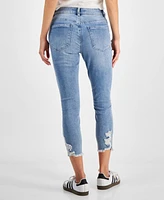 Indigo Rein Juniors' Mid Rise Button Fly Distressed Cropped Curvy Jeans