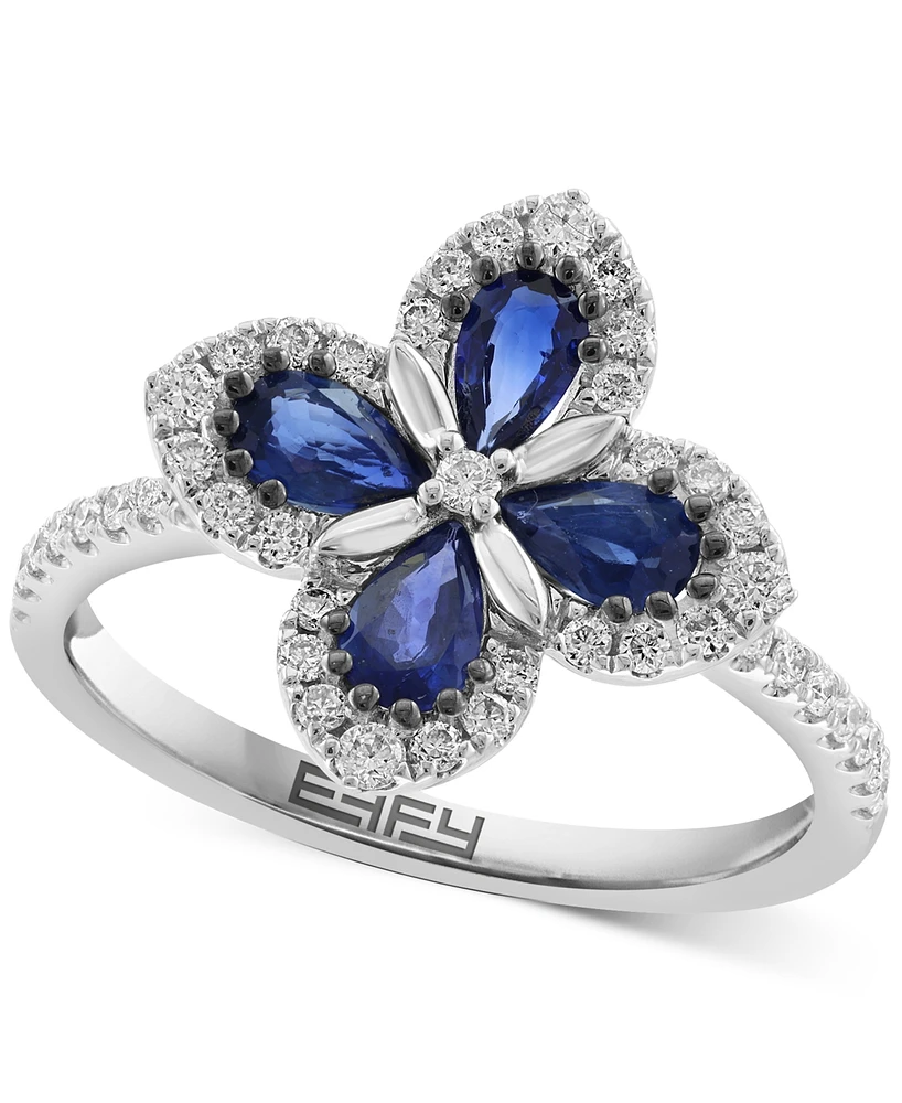 Effy Blue Sapphire (3/4 ct. t.w.) & Diamond (1/3 ct. t.w.) Flower Statement Ring in 14k White Gold