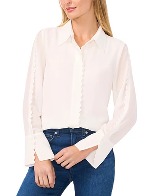 CeCe Women's Scalloped-Trim Collared Long-Sleeve Blouse