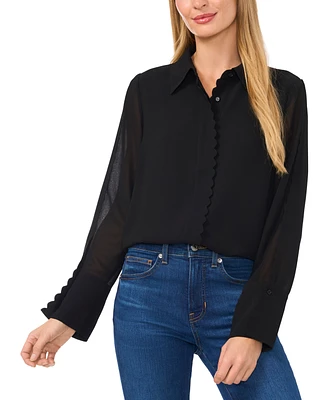 CeCe Women's Scalloped-Trim Collared Long-Sleeve Blouse