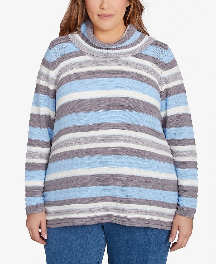 Hearts of Palm Plus Blue My Mind Stripe Cowl Neck Sweater