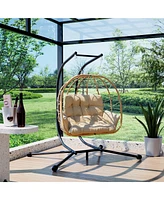 Pamapic Outdoor 2-Person Hanging Wicker Double Egg Porch Swing Chair with Stand and Beige Cushion