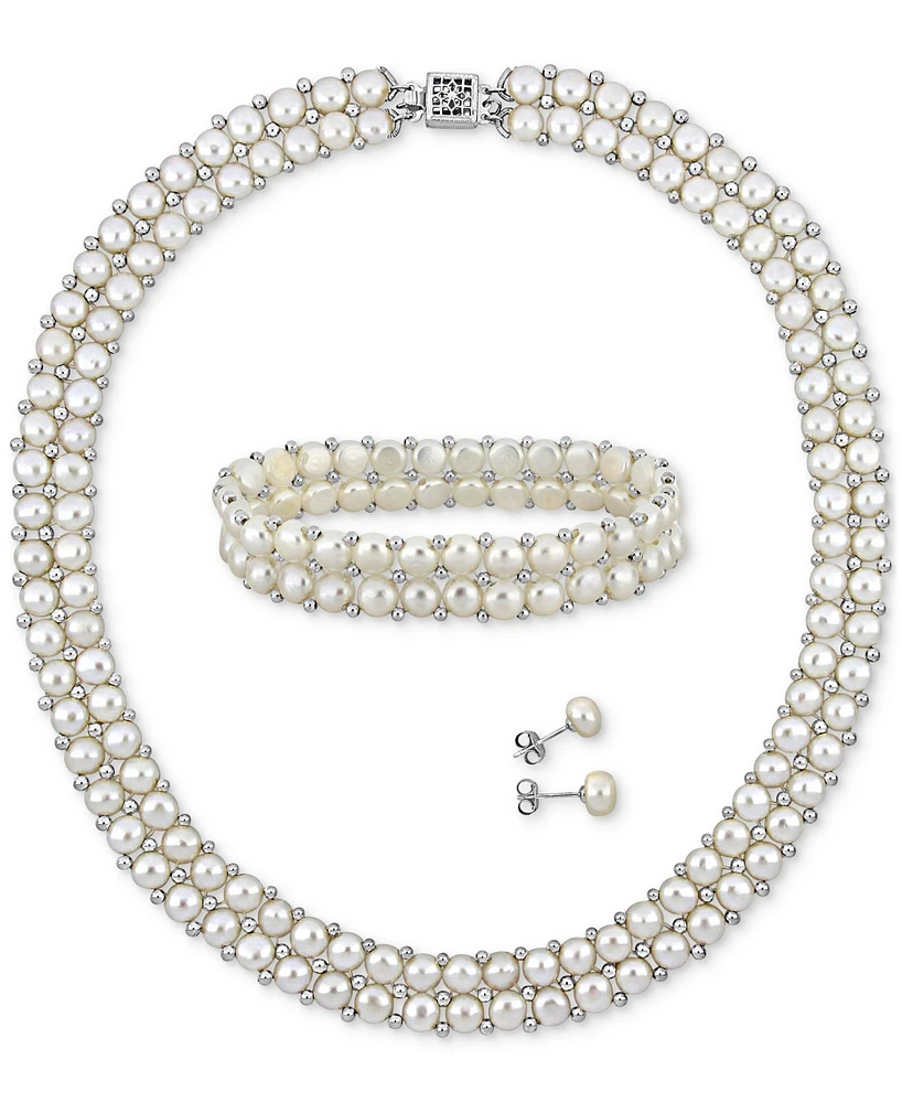 Macy's Cultured Freshwater Pearl (6-8mm) 3-Pc. Set Double Row Strand Necklace, Stretch Bracelet & Stud Earrings in Sterling Silver