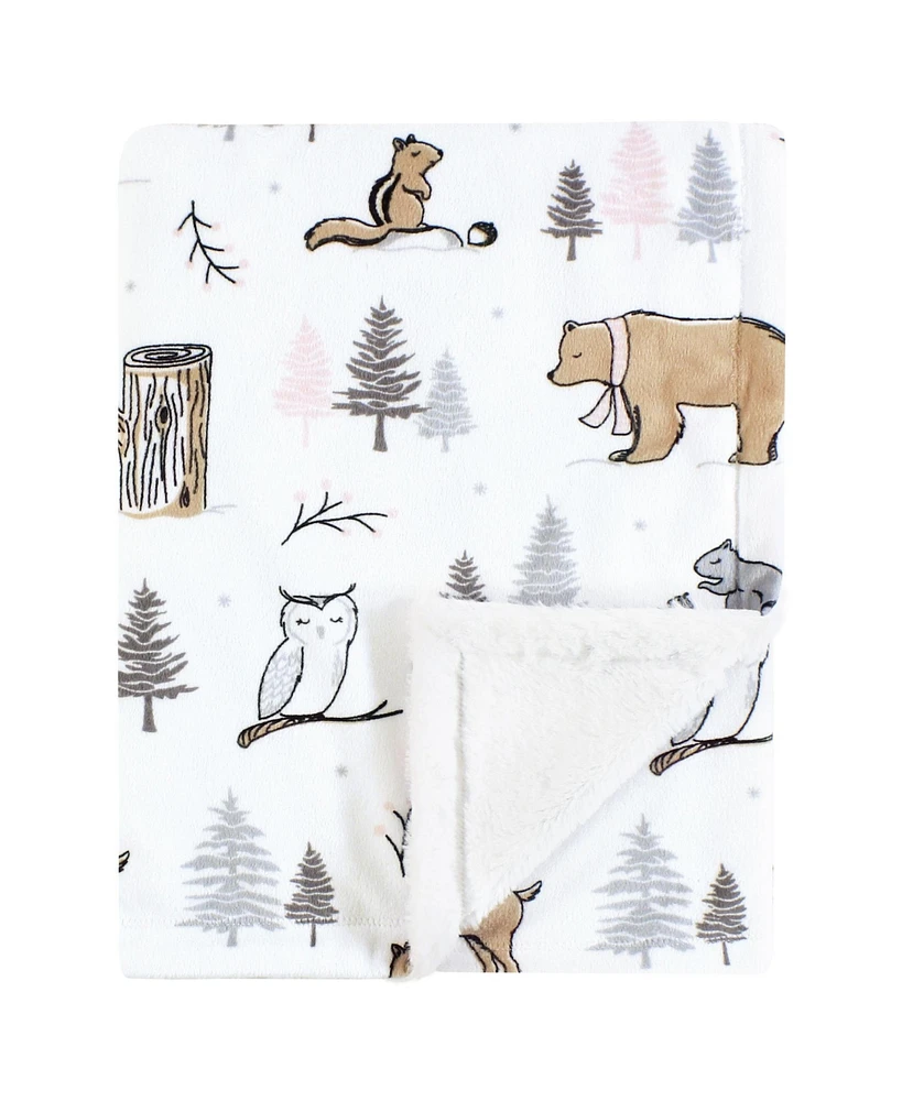 Hudson Baby Girls Plush Blanket with Furry Binding and Back, Winter Forest, One Size