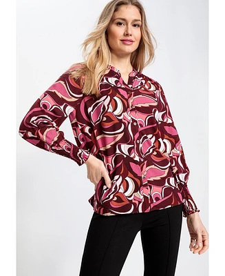 Olsen Women's Long Sleeve Retro Print Tunic Shirt