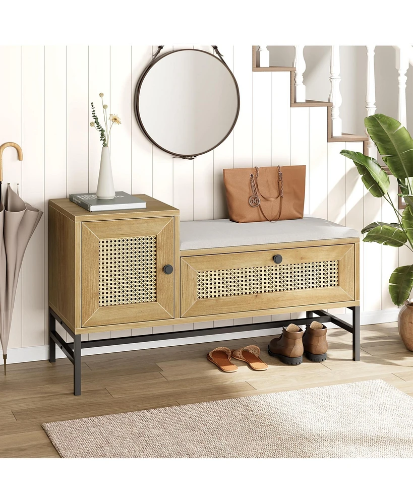 gaomon Rattan Shoe Bench with Linen Seat Cushion, Entryway Bench with Storage Cabinet, Wooden Storage Bench