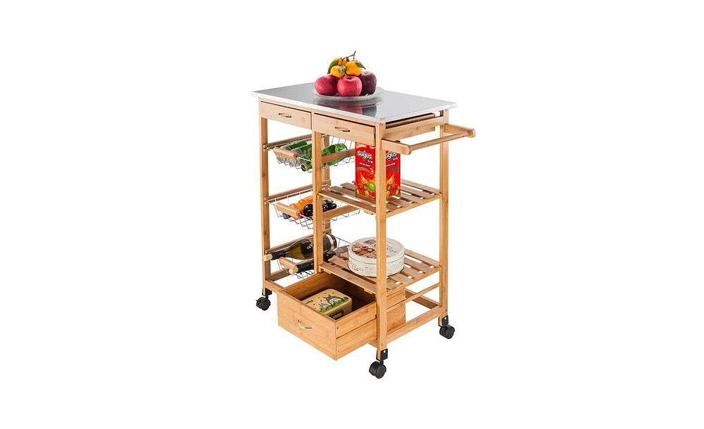 Slickblue Moveable Kitchen Cart with Stainless Steel Table Top, Three Drawers, and Three Baskets in Burlywood for Versatile Storage and Convenience