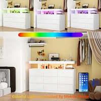 Homsee White Dresser with 9 Handleless Drawers & Led Light, Chest of Drawers with Charging Station