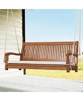 Sugift 2-Person Hanging Porch Swing Wood Bench with Cushion Curved Back