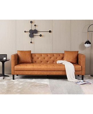 gaomon 3 Seater Sofa with Tufted Back, Grain Leather Couch with Feather, Vintage Faux Leather