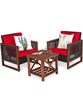 Sugift 3 Pieces Acacia Wood Patio Furniture Set with Coffee Table-Red