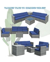 Sugift 8 Piece Wicker Sofa Rattan Dinning Set Patio Furniture with Storage Table-Navy