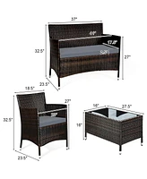 Sugift 4 Pieces Comfortable Outdoor Rattan Sofa Set with Glass Coffee Table-Gray