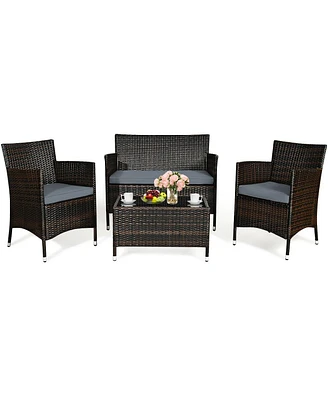 Sugift 4 Pieces Comfortable Outdoor Rattan Sofa Set with Glass Coffee Table-Gray