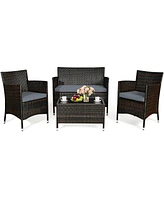 Sugift 4 Pieces Comfortable Outdoor Rattan Sofa Set with Glass Coffee Table-Gray