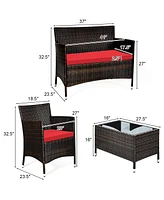 Sugift 4 Pieces Comfortable Rattan Outdoor Conversation Furniture Set with Glass Table