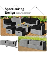 Sugift 8 Pieces Patio Rattan Furniture Set with Storage Waterproof Cover and Cushion-Black