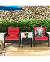 Sugift 3 Pcs Outdoor Patio Rattan Conversation Set with Seat Cushions-Red