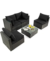 Sugift 5 Pieces Cushioned Patio Rattan Furniture Set with Glass Table-Black