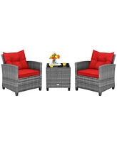 Sugift 3 Pieces Outdoor Wicker Conversation Set with Tempered Glass Tabletop-Red