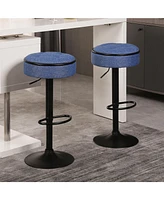 Streamdale Furniture Round Storage Bar Stool Set of 2, Blue Linen Height Adjustable Barstool, 360Counter Height Swivel Stool, Armless Bar Chair with M