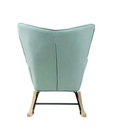 Rocking Chair with ottoman, Mid Century Fabric Rocker Chair with Wood Legs and Patchwork Linen for Livingroom Bedroom