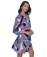 Karl Lagerfeld Paris Women's Geo-Print Tie-Waist 3/4-Sleeve Dress