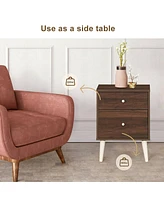 Sugift 2-Drawer Nightstand Beside End Side Table with Rubber Legs-Brown