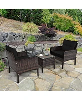 Sugift 3 Pcs Outdoor Patio Rattan Conversation Set with Seat Cushions-Black