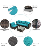 Sugift 5 Pieces Cushioned Patio Rattan Furniture Set with Glass Table-Turquoise