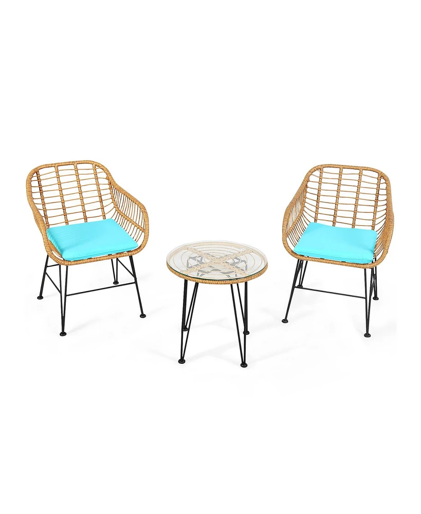 Sugift 3 Pieces Rattan Furniture Set with Cushioned Chair Table-Turquoise