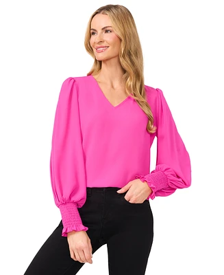 CeCe Women's Long-Sleeve Smocked-Cuff V-Neck Blouse