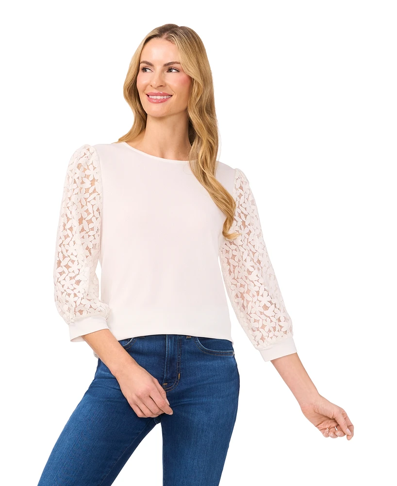 CeCe Women's Solid Lace-3/4-Sleeve Knit Crewneck Top