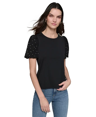 Karl Lagerfeld Paris Women's Embellished Puff Sleeve Top