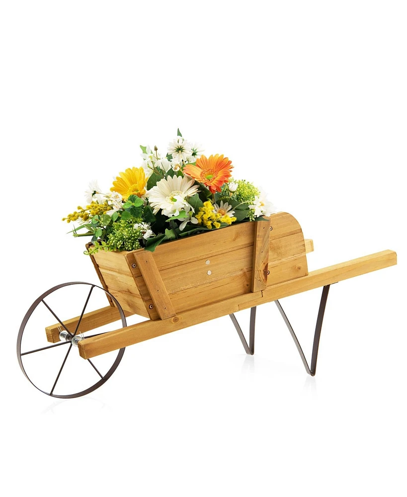 Sugift Wooden Wagon Planter with 9 Magnetic Accessories for Garden Yard-Walnut